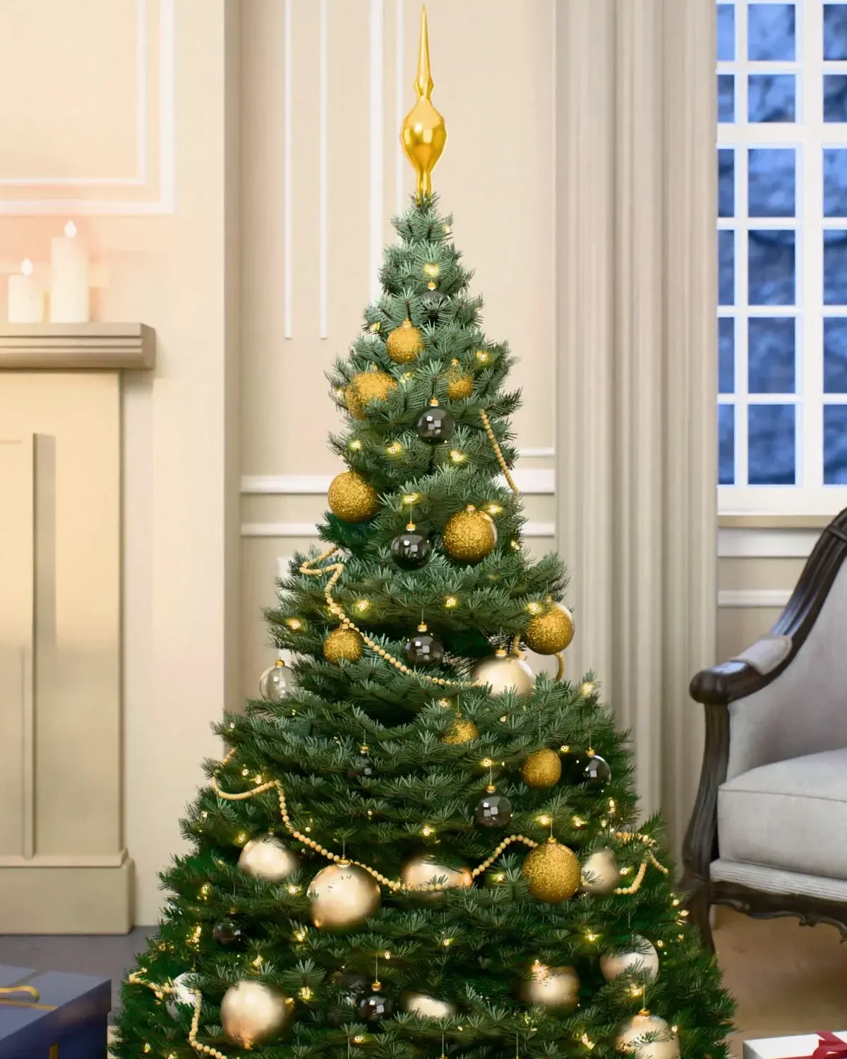 Christmas tree decorated with the “Champagne Glow” set