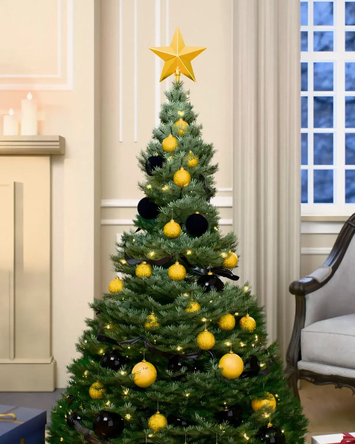 Christmas tree decorated with the “Black & Yellow” set