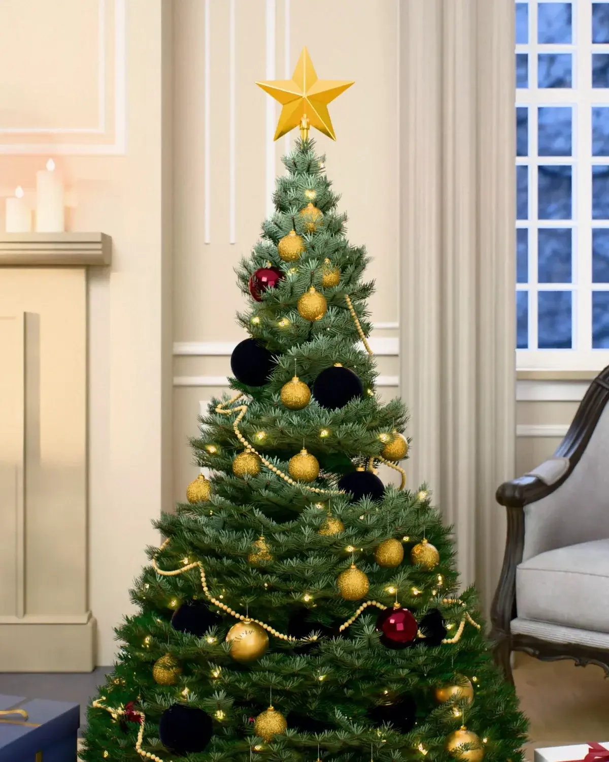Christmas tree decorated with the “Black, Red & Gold” set