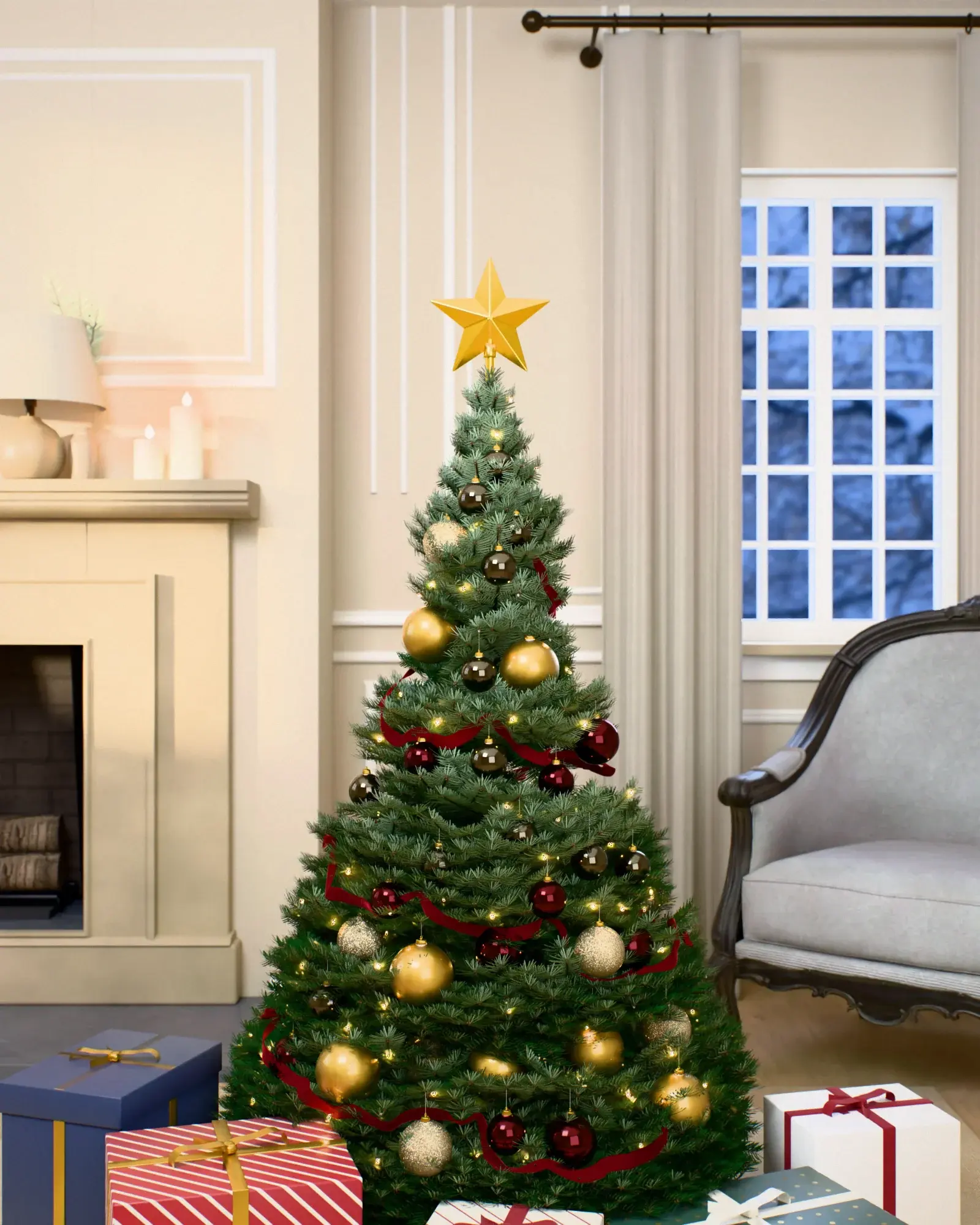 Christmas tree decorated with the “Red & Gold Spiral” set