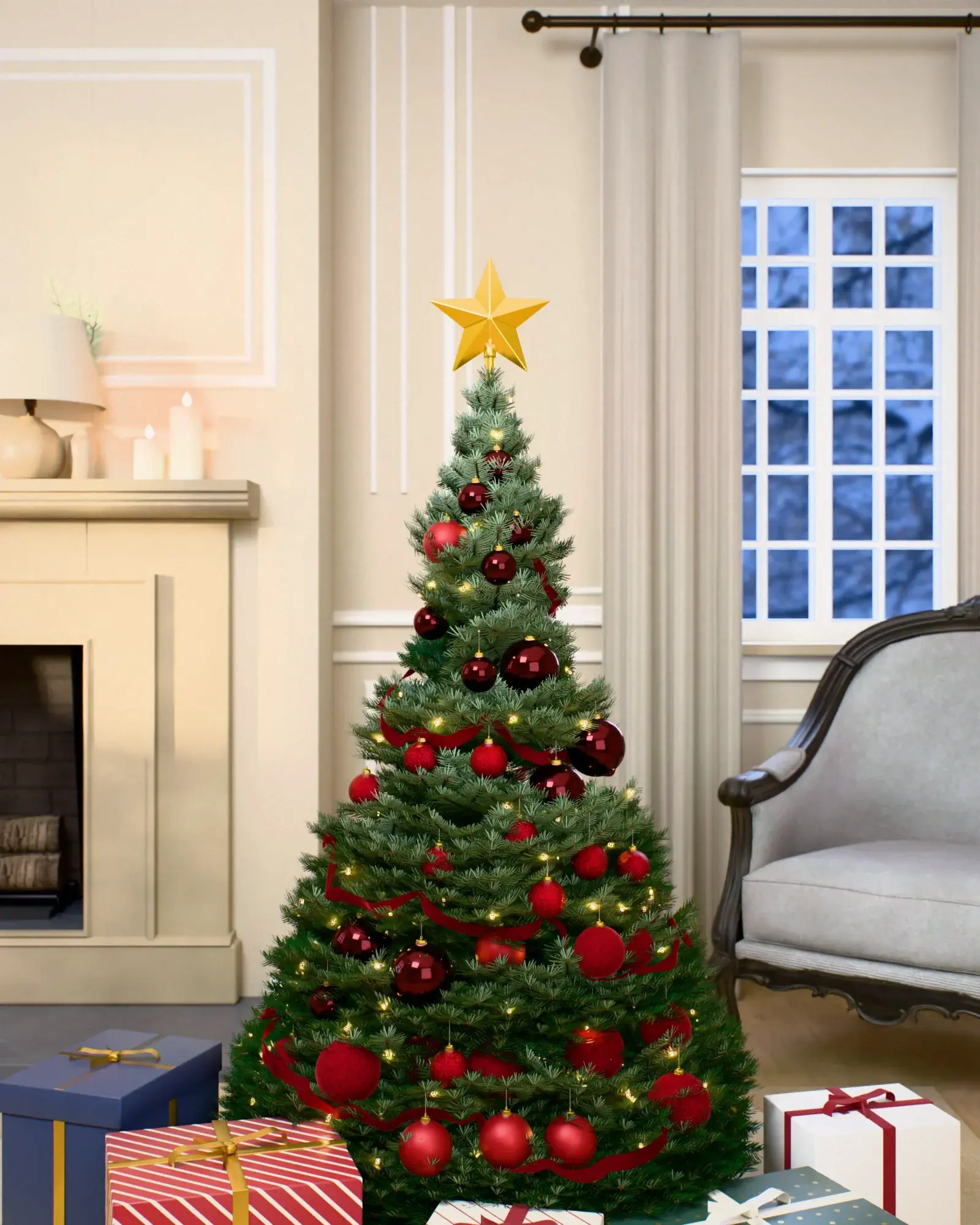 Christmas tree decorated with the “Tonal Red” set